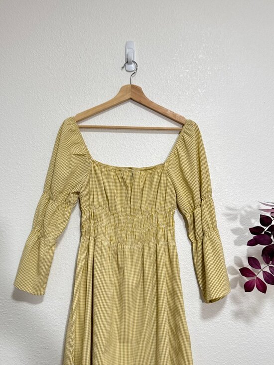 LULUS Lunch Date Mustard Yellow Gingham Bell Sleeve Mini Dress Medium - Picture 7 of 8